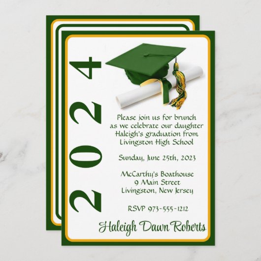 キャップおよびディプロマ5x7グリーンおよび金ゴールド卒業 招待状 (正面/裏面)