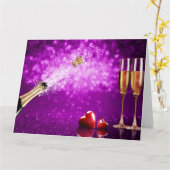 キャップが弾けるシャンパンボトルとグラス カード (黄色い花)