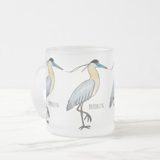 キャップされたヘロン鳥の漫画イラストレーション フロストグラスマグカップ (正面左)