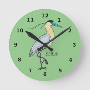 キャップされたヘロン鳥の漫画イラストレーション ラウンド壁時計