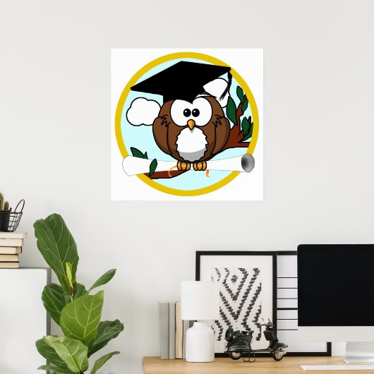 キャップとディプロマが入ったかわいい漫画の卒業フクロウ ポスター (ホームオフィス)