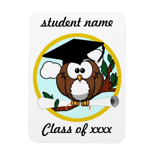 キャップとディプロマが入ったかわいい漫画の卒業フクロウ マグネット (縦)