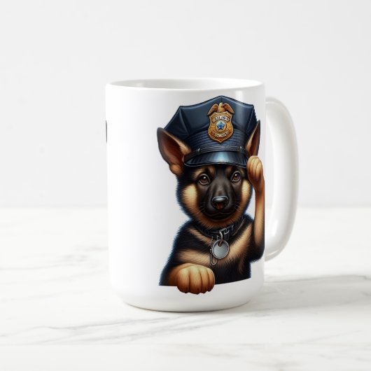 キャップとバッジを付けた警察官の服を着た子犬 コーヒーマグカップ (正面右)