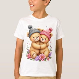 キャップを被った2匹のテディベアのプリントTシャツ Tシャツ