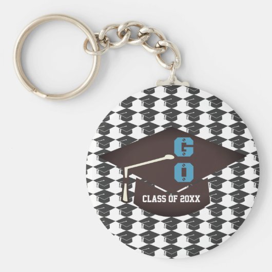 キャップパーソナライズされたとガウン卒業ブルー文字 キーホルダー (正面)
