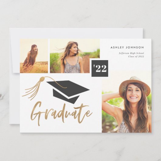 キャップモダンとタッセル金箔3写真卒業 案内状 (正面)