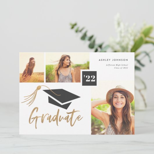 キャップモダンとタッセル金箔3写真卒業 案内状 (スタンド正面)