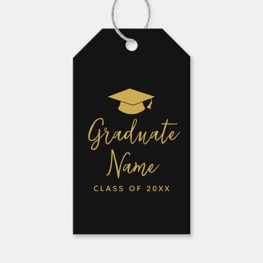 キャップ付きグラッド名スクリプト – 黒金ゴールド卒業 ギフトタグ (正面)