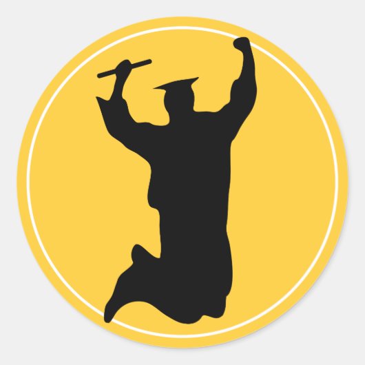 キャップ&ガウンで卒業生を祝うブラック |ゴールド ラウンドシール (正面)