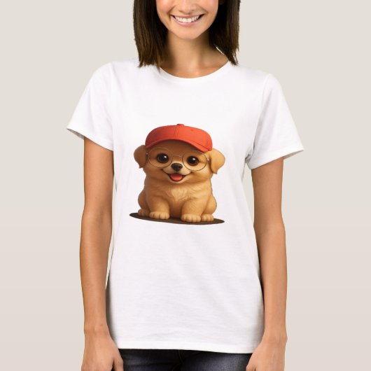 キャップ&グラス付き愛らしい犬 – 女性のTシャツ Tシャツ (正面)