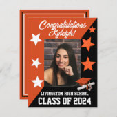 キャップ&スターズオレンジ&ブラック卒業 招待状 (正面/裏面)