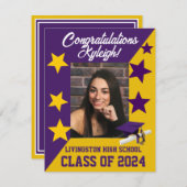 キャップ&スターズパープルと金ゴールド卒業 招待状 (正面/裏面)