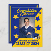 キャップ&スターズ王室のブルー&金ゴールド卒業 招待状 (正面/裏面)