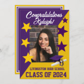 キャップ&スターズ5x7パープルと金ゴールドの卒業 招待状 (正面/裏面)