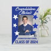 キャップ&スターズ5x7王室のブルーとグレーの卒業 招待状 (スタンド正面)