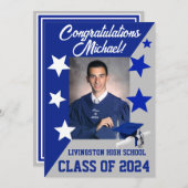 キャップ&スターズ5x7王室のブルーとグレーの卒業 招待状 (正面/裏面)