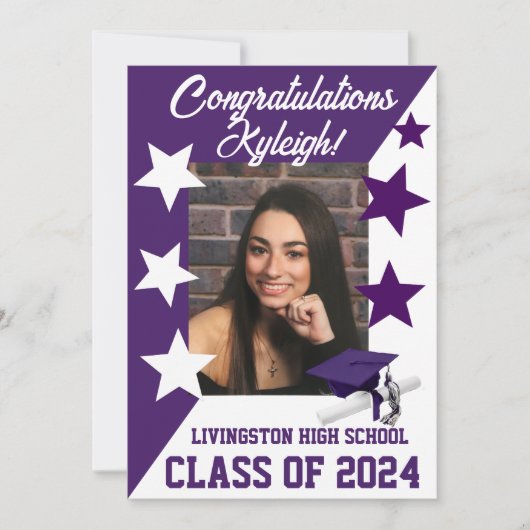 キャップ&スターズ5x7紫と白の卒業 招待状 (正面)