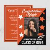 キャップ＆スターズ オレンジ＆ブラック 卒業式 招待状 (正面/裏面)