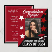 キャップ＆スターズ スカーレットレッド＆ブラック 卒業式 招待状 (正面/裏面)