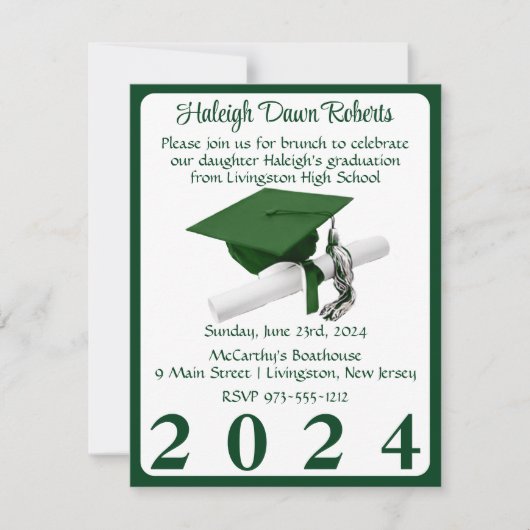 キャップ&ディプロマグリーン&ホワイト卒業パーティー 招待状 (正面)