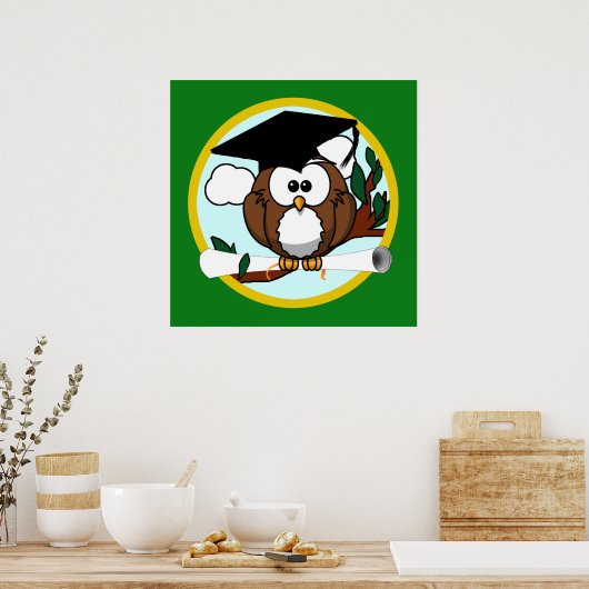 キャップ&ディプロマ付き卒業フクロウ – 緑と金ゴールド ポスター (キッチン)