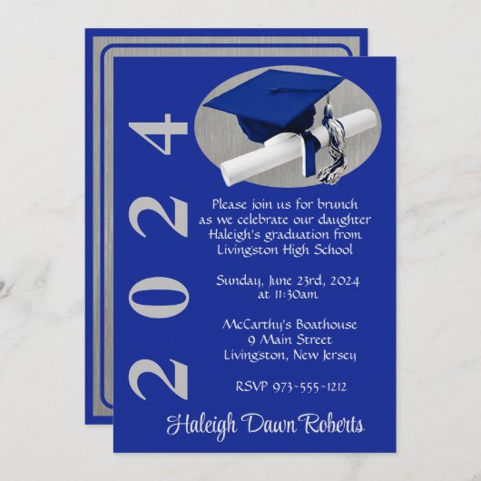 キャップ&ディプロマ王室のブルーブラシ付きシルバー卒業 招待状 (正面/裏面)
