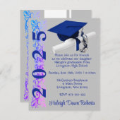 キャップ&ディプロマ王室の、ブルー&パープルフエ卒業 招待状 (正面/裏面)