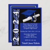 キャップ&ディプロマ王室の、ブルー&ブラック卒業 招待状 (正面/裏面)