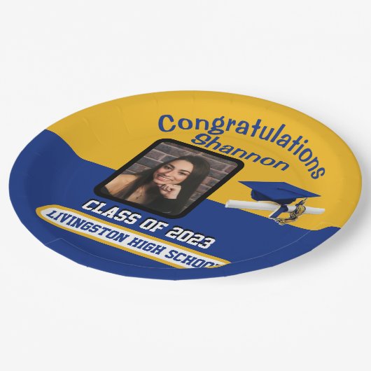 キャップ&ディプロマ王室の、ブルー&金ゴールド卒業 ペーパープレート (アングル)
