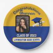 キャップ&ディプロマ王室の、ブルー&金ゴールド卒業 ペーパープレート (正面)