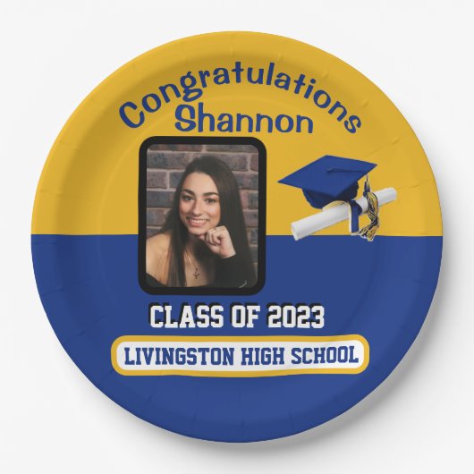キャップ&ディプロマ王室の、ブルー&金ゴールド卒業 ペーパープレート (正面)