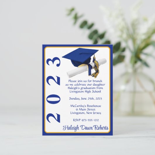 キャップ&ディプロマ王室の、ブルー&金ゴールド卒業 招待状 (スタンド正面)