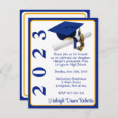 キャップ&ディプロマ王室の、ブルー&金ゴールド卒業 招待状 (正面/裏面)