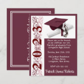 キャップ & ディプロマ、えんじ色の背景 卒業 招待状 (正面/裏面)