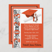 キャップ&ディプロマ、オレンジ卒業 招待状 (正面/裏面)