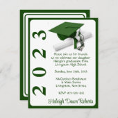 キャップ&ディプロマ、グリーン&ホワイト卒業 招待状 (正面/裏面)