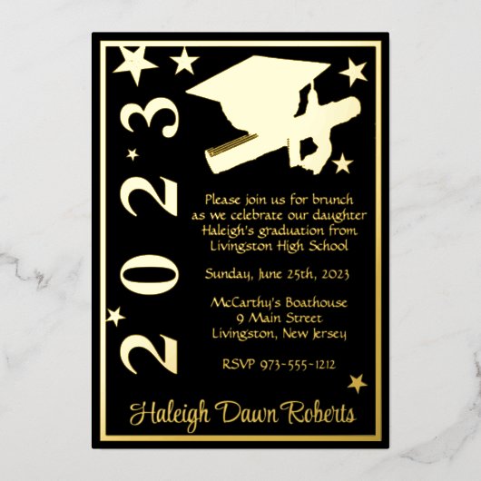 キャップ、ディプロマ、スターズブラック&金ゴールド卒業 箔招待状 (正面)
