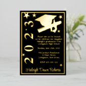 キャップ、ディプロマ、スターズブラック&金ゴールド卒業 箔招待状 (立ち正面)