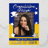 キャップ、ディプロマ、スター王室の、ブルー&金ゴールド卒業 箔招待状 (正面)