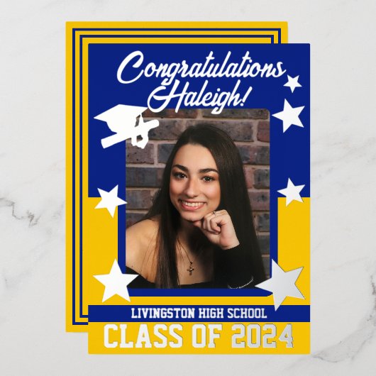 キャップ、ディプロマ、スター王室の、ブルー&金ゴールド卒業 箔招待状 (正面/裏面)