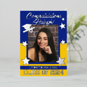 キャップ、ディプロマ、スター王室の、ブルー&金ゴールド卒業 箔招待状 (立ち正面)