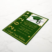 キャップ、ディプロマ、スター、グリーン、金ゴールド卒業 箔招待状 (回転した状態)