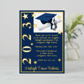 キャップ、ディプロマ、スター、ダークブルー、金ゴールド卒業 箔招待状 (立ち正面)