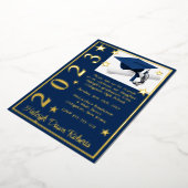 キャップ、ディプロマ、スター、ダークブルー、金ゴールド卒業 箔招待状 (回転した状態)