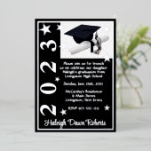 キャップ、ディプロマ、スター、ブラック&シルバー卒業F 箔招待状 (立ち正面)