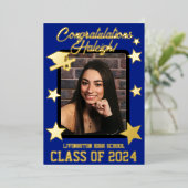 キャップ、ディプロマ&スター、ブルー王室の&金ゴールド卒業 箔招待状 (立ち正面)