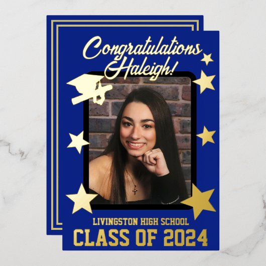 キャップ、ディプロマ&スター、ブルー王室の&金ゴールド卒業 箔招待状 (正面/裏面)