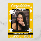 キャップ、ディプロマ、スター、金ゴールド、ブラック卒業 箔招待状 (正面)