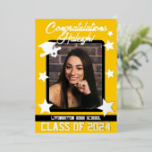 キャップ、ディプロマ、スター、金ゴールド、ブラック卒業 箔招待状 (立ち正面)