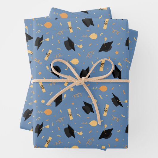 キャップ、ディプロマ、バルーンブルー付き卒業テーマ ラッピングペーパーシート (インサイチュ)